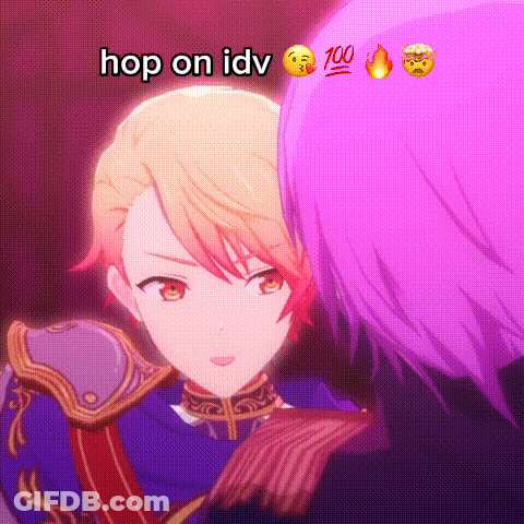 A Couple Of Anime Characters Standing Next To Each Other With The Words `` Hop On Idv '' Written On The Bottom . GIF