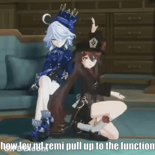A Couple Of Anime Characters Standing Next To Each Other With The Words `` How Ley Nd Remi Pull Up To The Function '' GIF
