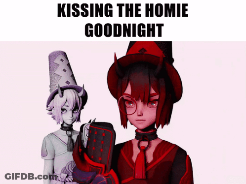 A Couple Of Anime Characters Standing Next To Each Other With The Words Kissing The Homie Goodnight Below Them GIF