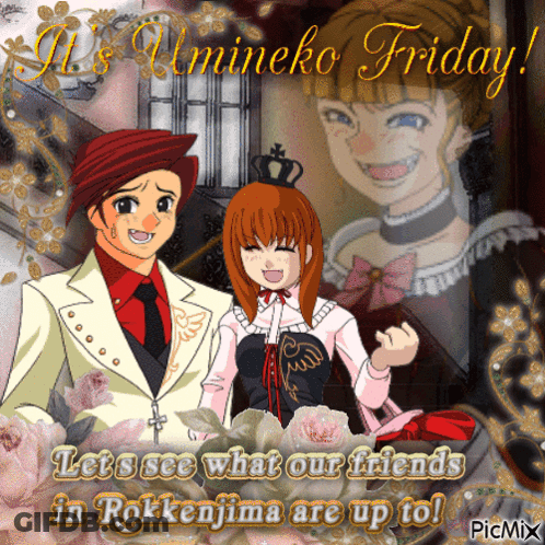 A Couple Of Anime Characters Standing Next To Each Other With The Words " Let 'S See What Our Friends In Rokkenjima Are GIF