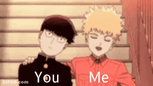 A Couple Of Anime Characters Standing Next To Each Other With The Words `` You And Me '' Written On The Bottom . GIF