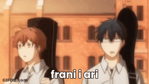 A Couple Of Anime Characters Standing Next To Each Other With Their Guitars . GIF