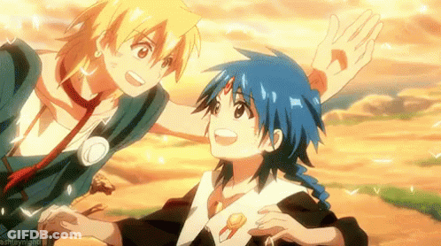 A Couple Of Anime Characters Standing Next To Each Other . GIF