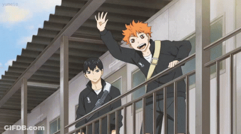 A Couple Of Anime Characters Standing On A Balcony And One Of Them Is Wearing A Shirt That Says ' Volleyball ' On It GIF