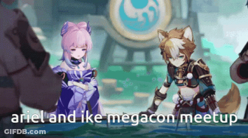 A Couple Of Anime Characters With The Words Ariel And Ike Megacon Meetup On The Bottom GIF