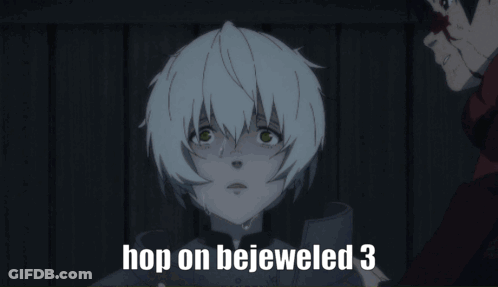 A Couple Of Anime Characters With The Words Hop On Bejeweled 3 On The Bottom GIF