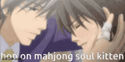 A Couple Of Anime Characters With The Words Hop On Mahjong Soul Kitten Written Below Them GIF