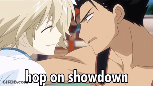A Couple Of Anime Characters With The Words Hop On Showdown GIF