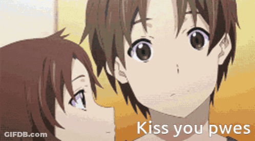 A Couple Of Anime Characters With The Words Kiss You Pwes Written On The Bottom GIF