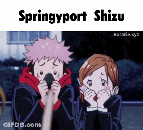 A Couple Of Anime Characters With The Words Springyport Shizu Written Above Them GIF