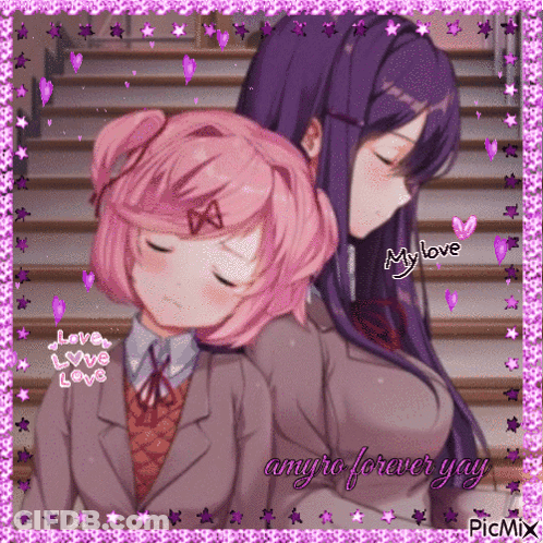 A Couple Of Anime Girls Are Hugging Each Other With The Words My Love Written On The Bottom GIF