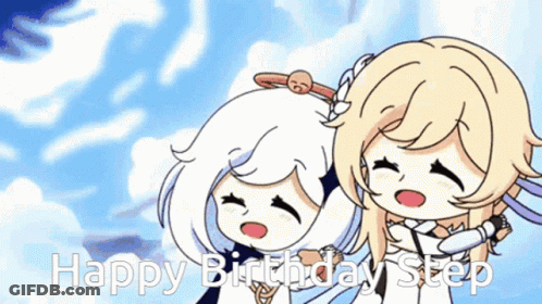 A Couple Of Anime Girls Are Standing Next To Each Other And Singing Happy Birthday Step . GIF