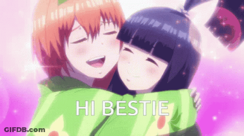 A Couple Of Anime Girls Hugging Each Other With The Words Hi Bestie On The Bottom GIF