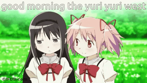 A Couple Of Anime Girls Standing Next To Each Other With The Words Good Morning The Yuri Yuri West GIF