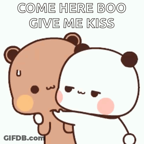 A Couple Of Bears Are Hugging Each Other And One Of Them Is Asking The Other To Give Him A Kiss . GIF