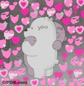 A Couple Of Bears Hugging Each Other With Hearts Surrounding Them . GIF