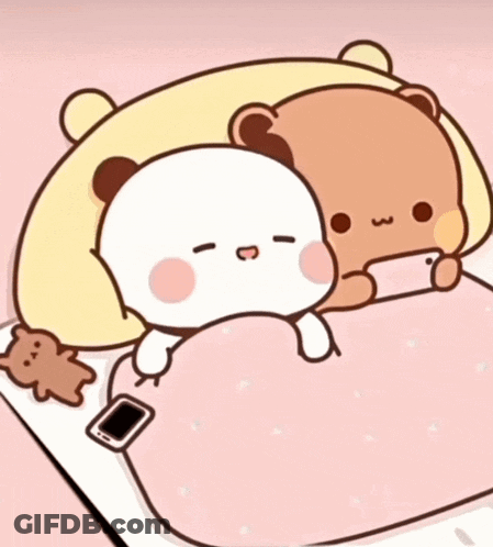 A Couple Of Bears Laying On A Bed With A Cell Phone GIF