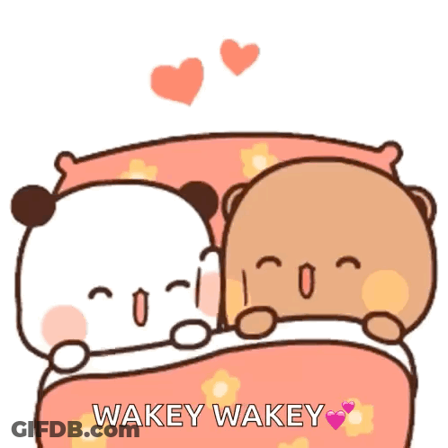 A Couple Of Bears Laying On A Bed With The Words Wakey Wakey Written Below Them GIF