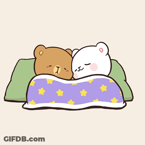 A Couple Of Bears Laying Under A Purple Blanket With Stars On It GIF