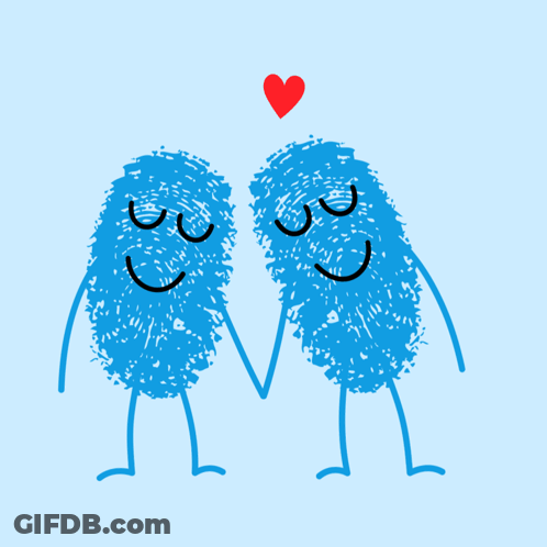 A Couple Of Blue Fingerprint Characters Holding Hands With A Red Heart Above Them GIF