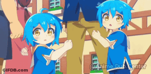 A Couple Of Blue Haired Anime Characters Standing Next To Each Other . GIF