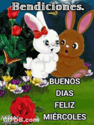 A Couple Of Bunny Rabbits Sitting Next To Each Other With The Words Bendiciones Buenos Dias Feliz Miercoles On The Botto GIF