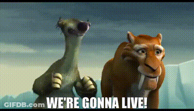 A Couple Of Cartoon Animals Standing Next To Each Other With The Words `` We 'Re Gonna Live '' Written On The Bottom GIF