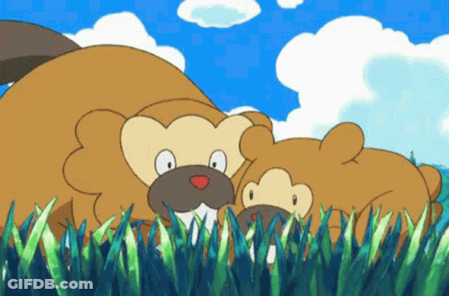 A Couple Of Cartoon Bears Laying In The Grass With A Blue Sky In The Background GIF