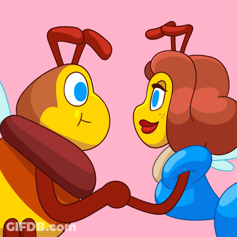 A Couple Of Cartoon Bees Holding Hands On A Pink Background GIF