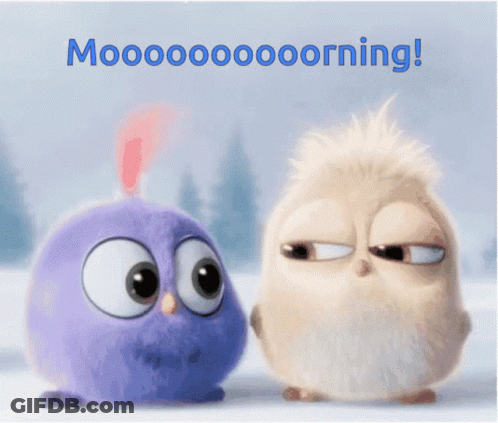 A Couple Of Cartoon Birds Kissing With The Words Mooooooorning Written Below Them GIF