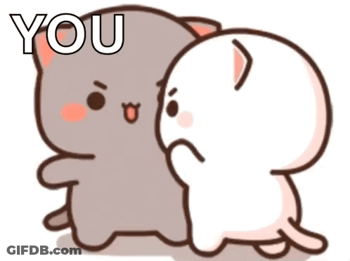 A Couple Of Cartoon Cats Are Standing Next To Each Other And Looking At Each Other . GIF