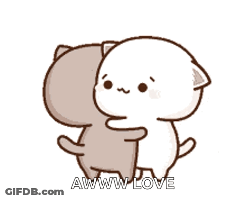 A Couple Of Cartoon Cats Hugging Each Other With The Words Awww Love Written On The Bottom . GIF