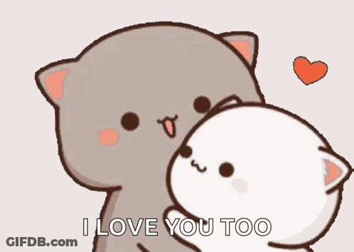 A Couple Of Cartoon Cats Hugging Each Other With The Words `` I Love You Too '' Written On The Bottom . GIF