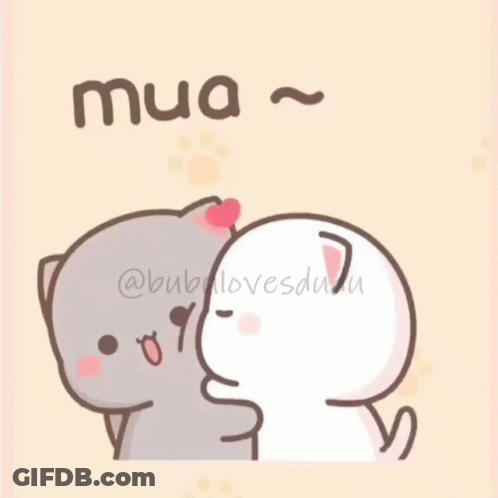 A Couple Of Cartoon Cats Hugging Each Other With The Words Mua Written On The Bottom GIF