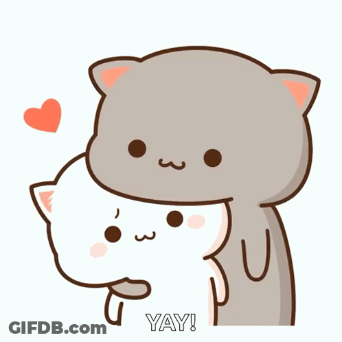 A Couple Of Cartoon Cats Hugging Each Other With The Words Yay Written Below Them GIF