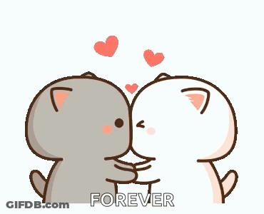 A Couple Of Cartoon Cats Kissing Each Other With Hearts Flying Around Them . GIF