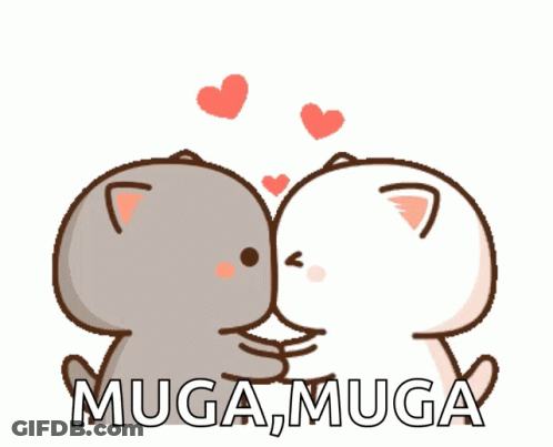A Couple Of Cartoon Cats Kissing With The Words " Muga, Muga " Written Below Them GIF