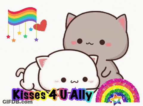 A Couple Of Cartoon Cats Laying Next To Each Other With The Words Kisses 4 U Ally Written Below Them GIF