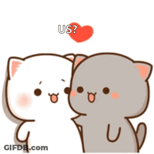 A Couple Of Cartoon Cats Standing Next To Each Other With A Heart Above Them That Says Us ? GIF