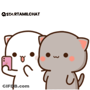 A Couple Of Cartoon Cats Standing Next To Each Other With A Heart In The Middle GIF