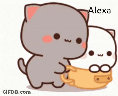 A Couple Of Cartoon Cats Standing Next To Each Other With The Name Alexa Written Above Them GIF