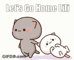 A Couple Of Cartoon Cats Standing Next To Each Other With The Words `` Let 'S Go Home Lili '' Written Above Them . GIF