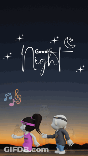 A Couple Of Cartoon Characters Are Dancing In Front Of A Good Night Sign GIF