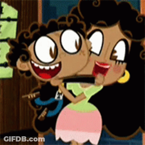 A Couple Of Cartoon Characters Are Hugging Each Other And Smiling . GIF