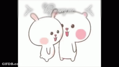A Couple Of Cartoon Characters Are Hugging Each Other In Front Of A Pink Heart And The Words `` Hey Marry Me '' . GIF