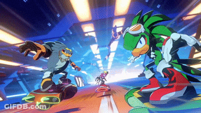 A Couple Of Cartoon Characters Are Riding Skateboards On A Race Track GIF