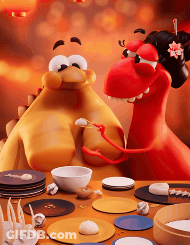 A Couple Of Cartoon Characters Are Sitting At A Table Eating Food GIF