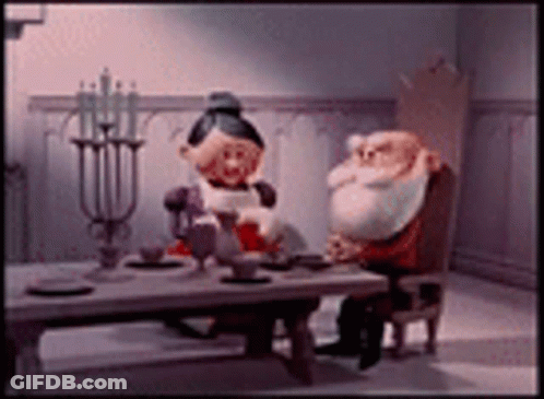 A Couple Of Cartoon Characters Are Sitting At A Table With Cups And Saucers . GIF