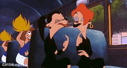 A Couple Of Cartoon Characters Are Sitting On A Bus And Talking To Each Other . GIF