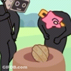 A Couple Of Cartoon Characters Are Standing Next To Each Other And One Of Them Has A Box On His Head . GIF
